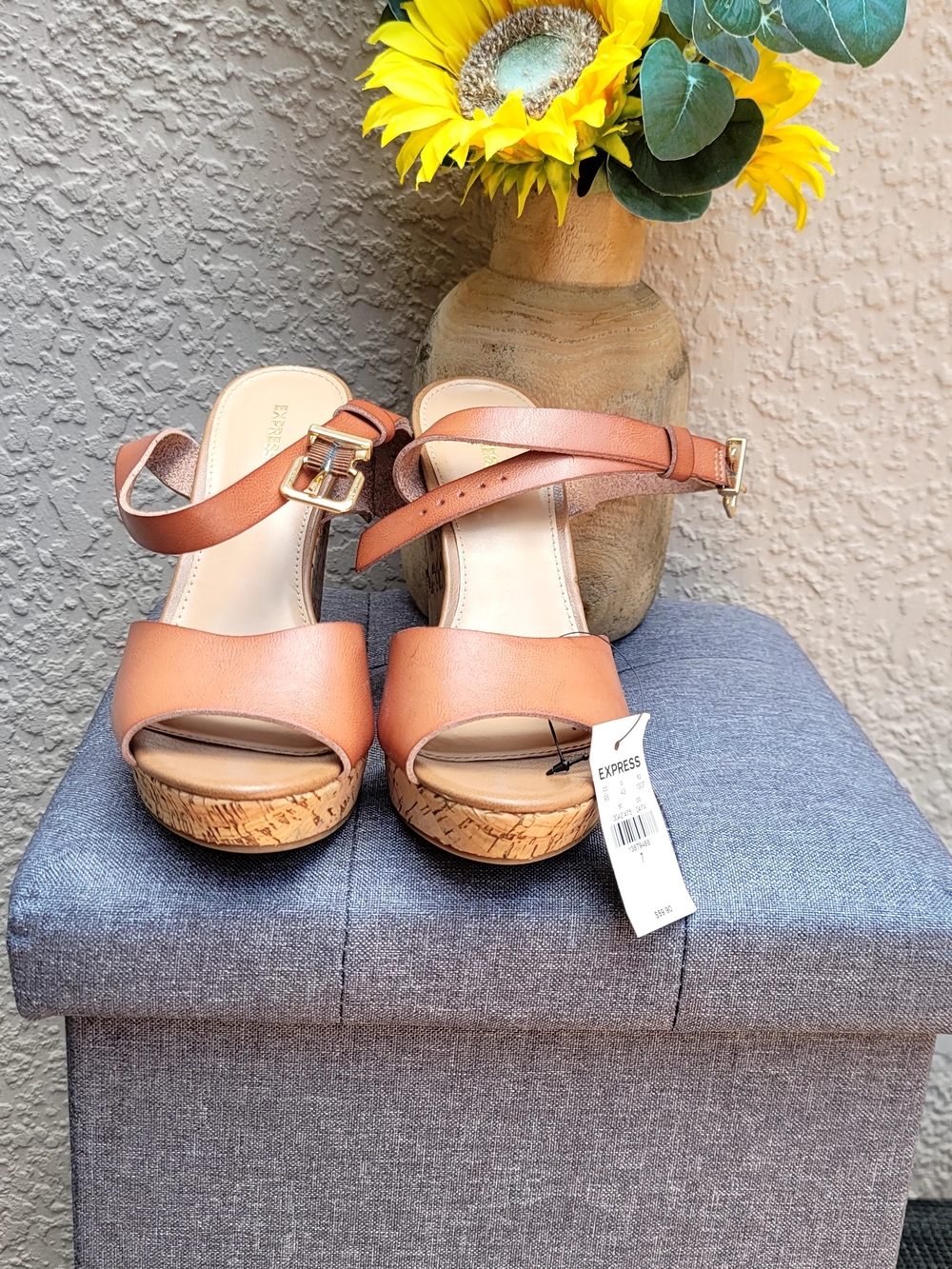 Express Women's Tan Leather Cork Wedge Sandals